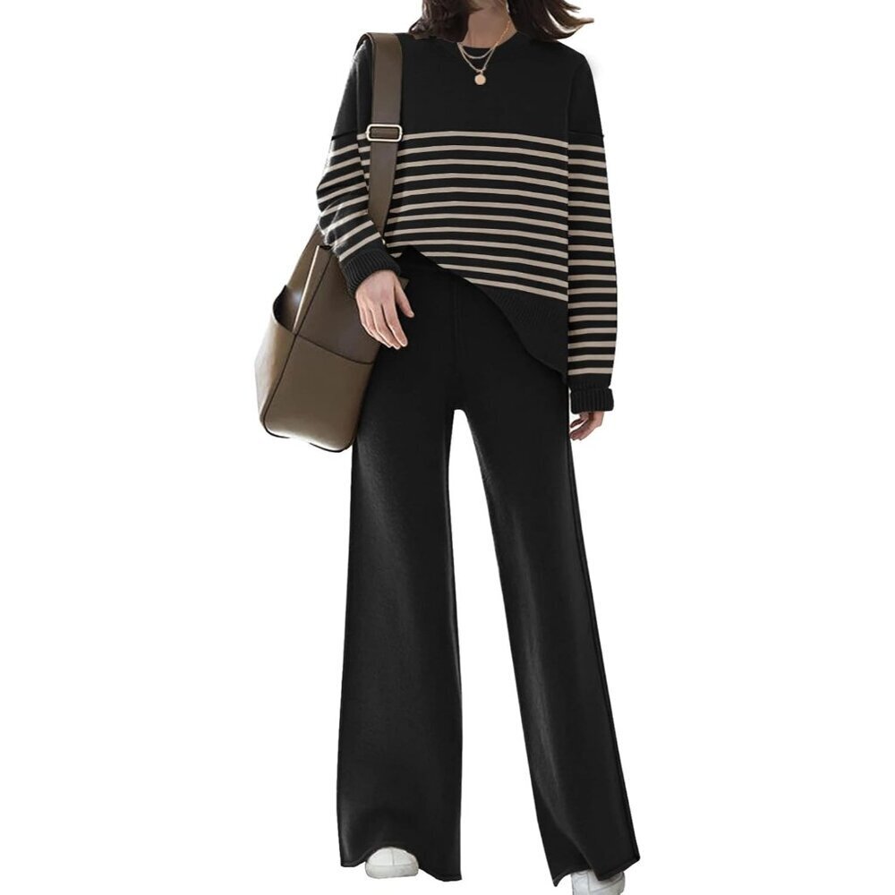 Womens Knitted Lounge Sets Small Knit Sweater Wide Leg Pants Casual
